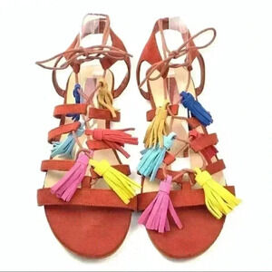 Forever 21 sandals size 8 39 burnt Orange faux suede tassel pom poms gladiator